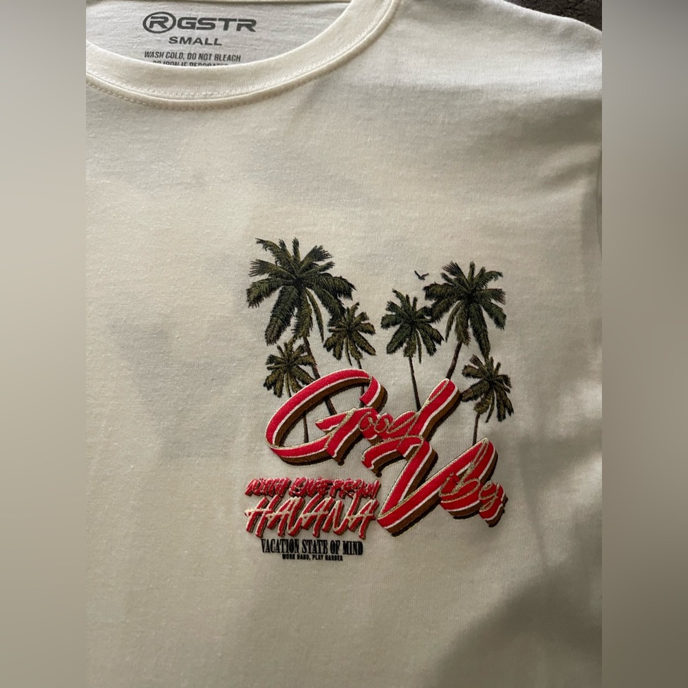 White Graphic Tee with Palm Tree Design